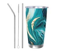 Bicchiere termico in marmo turchese con 2 cannucce e coperchio, porta tazza termica per auto, linea verde acqua, 590 ml, in acciaio inox, tazza da caffè da viaggio per bevande calde e fredde