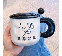 Bicchiere Termico per Bevande Fredde, Grazioso Set da Viaggio in Ceramica con Tazza da Caffè, Coperchio e Cucchiaino, Borraccia con Manico Nero, Grande Capacità, a Prova Perdite(Beige)