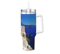 Bicchiere termico sottovuoto con cannuccia da 1180 ml, motivo: Isola greca di Santorini con vista sul mare, tazza in acciaio inox