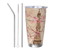 Bicchiere termico vintage con fiore di Parigi con 2 cannucce e coperchio, porta tazza termica per auto, Torre Eiffel, da 590 ml, in acciaio inox, da viaggio, per bevande calde e fredde