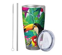 Bicchiere tropicale Confezione da 1 astratto Cottage Fiore Foglie Animali Uccello Picchio verde giallo rosa Metallo Riutilizzabile No Spill Infrangibile Yard Outdoor Picnic Palestra con cannuccia