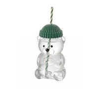 Bicchiere Vetro con Cannuccia e Coperchio, 550ml Bicchiere Matcha Carino a Forma di Orsetto, Tazza da Latte, Bicchiere per Bubble Tea con Tappo a Cappello, Include Spazzole per Pulizia