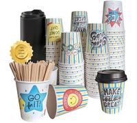 Bicchieri caffè usa e getta in cartone con coperchi e pallet da portare con messaggio motivazionale Bicchieri usa e getta caffè 200 ml (100 bicchieri coperchio e palettine)