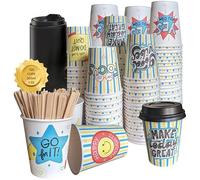 Bicchieri caffè usa e getta in cartone con coperchi e pallet da portare con messaggio motivazionale Bicchieri usa e getta caffè 200 ml (150 bicchieri coperchio e palettine)