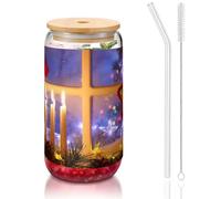 Bicchieri con coperchio e cannucce, con stampa di immagini Merry Christmas, per succhi di frutta, birra, caffè, tè, 470 ml