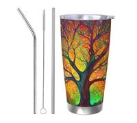 Bicchieri con foglie colorate dell'albero della vita, 20 once, in acciaio inossidabile, con cannuccia, set da tre pezzi per adulti, donne e uomini, tazza da caffè da viaggio per ufficio, compleanno, a