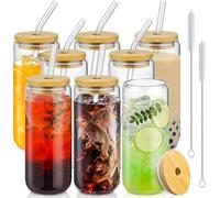 Bicchieri da 590 ml con coperchio in bambù e cannuccia in vetro, 8 pezzi, bicchieri di vetro per birra, ghiaccio, caffè, carini, bicchieri estetici, ideali per bar, accessori inclusi 2 spazzole per la