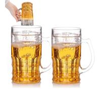 Bicchieri da birra falsi, 400 ml, a doppio strato, divertente boccale da birra 2025, in plastica, con manici, grande capacità, divertente scherzo (2 pezzi)