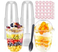 Bicchieri da dessert riutilizzabili, in plastica, 50 pezzi, 500 ml, con coperchio e cucchiai, riutilizzabili, in plastica, per dolci, budini, mousse gelati (500 ml)