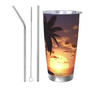 Bicchieri da spiaggia e oceano con palme da cocco al tramonto, da 20 once, in acciaio inossidabile, con cannuccia, set da tre pezzi per adulti, donne e uomini, tazza da caffè da viaggio per ufficio, c