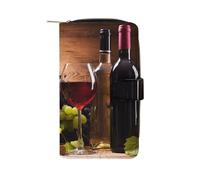 Bicchieri da vino bianco e rosso, uva, legno, pelle, portafoglio multifunzi