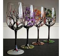 Bicchieri da vino dell'albero delle quattro stagioni, Bicchieri da vino con stelo artistico dipinto a mano, Bicchieri da vino colorati con foglie autunnali (Calice di vetro,4 pz)