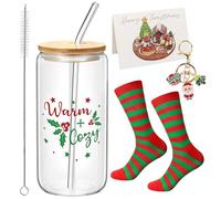 Bicchieri di Natale, 4 pezzi, con coperchio e cannuccia, biglietti di invito, portachiavi, calze di Natale, per caffè freddo, birra, cocktail
