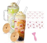 Bicchieri di vetro con coperchio e cannucce, confezione da 2 - bicchieri in vetro con manico, barattolo con coperchio e cannuccia, bocca larga, bicchieri riutilizzabili per caffè freddo, frullati