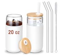 Bicchieri di vetro da 590 ml con coperchi e cannucce in bambù, bicchieri a forma di lattina di birra con custodia protettiva in silicone, bicchieri da caffè freddo, carini bicchieri per acqua,