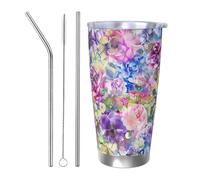 Bicchieri in acciaio inox con fiori di rosa e, da 20 once, con cannuccia, set da tre pezzi per adulti, donne e uomini, tazza da caffè da viaggio per ufficio, compleanno, anniversario, matri