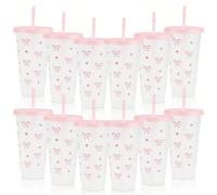 Bicchieri in plastica con fiocco, coperchi e cannucce, tazze riutilizzabili da 24 once per bevande fredde, per decorazioni di feste estetiche, matrimoni, festa di nascità, compleanni, addii al nubilat