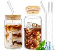 Bicchieri in vetro con cannuccia e cannuccia, set di 2 bicchieri con spazzola per la pulizia della cannuccia, 400 ml, riutilizzabili, bicchieri da caffè freddo, per smoothie e cocktail