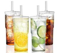 Bicchieri in vetro con coperchio e cannuccia, 4 pezzi da 600 ml/20 Oz ICED Coffee Bicchiere per smoothie tazza per latte, acqua ghiacciata, succhi di frutta, caffè, soda, cocktail, bevande fredde o