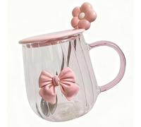 Bicchieri in Vetro con Fiocco di Fiori Rosa, Tazza da Caffè Riutilizzabile a Strato Singolo con Fiocco Carino, Tazze Colazione a Righe Verticali con Manico per tè al Latte(Pink)