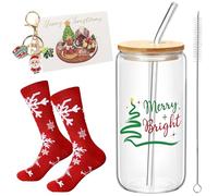 Bicchieri Natalizi Vetro con Coperchio e Cannucce, 6 Pezzi Bicchieri Natale Da 500 Ml con Spazzola per La Pulizia, Portachiavi, Biglietto di Auguri, Utilizzabili Come Succhi
