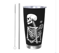 Bicchieri Rock and Roll Rose Skeleton Skull da 20 oz in acciaio inossidabile con cannuccia, set da due pezzi per adulti, donne e uomini, tazza da caffè da viaggio per ufficio, compleanno, anniversario