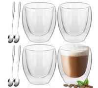 Bicchieri Termici a Doppia Parete, 4 Set Tazzine Caffe Vetro, Vetro a Doppia Parete, Bicchieri da Cappuccino, Tazzine Caffe con Cucchiai Inox, per Latte Macchiato, Succo, Caffé, Cocktail, 350 ml