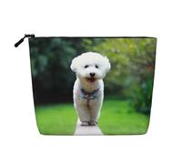 Bichon Frise Bokeh Animali Cani Parco Cani Bianchi, Borsa per cosmetici in lino sintetico Borsa per trucco Borsa da viaggio portatile