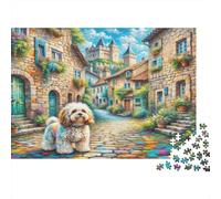 Bichon Frisé - Carta - Havanese nella città pavimentata con ciottoli con castello - Set puzzle - Regalo divertente per calza in famiglia - 38x26cm/1000 pezzi