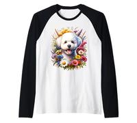 Bichon Frise Dog Summer Daisy Wildflowers Opera d'arte Maglia con Maniche Raglan