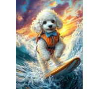 Bichon Frise Puppy Surfing on A Wave Puzzle 300 Pezzi Per Decorazione Murale Scenery Science Fiction Cartone Rigido Per Adulti Da Incorniciare Incastro Perfetto Per Soggiorno Con Poster Incluso 300 P