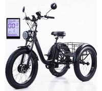 Bici Elettrica Con Pneumatici Fat Da 24 Pollici, Triciclo Elettrico Da Carico A Tre Ruote Per Adulti Da 48 V Con Batteria Rimovibile, Display Lcd Intelligente + Clacson, 3 Modalità Di Guida,Black