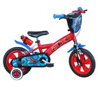 Bicicletta 12'' Spiderman Dotata di 2 Freni, Piastra Anteriore Decorativa, parafanghi, Carter e stabilizzatori Porta Borraccia Posteriore Ragazzo, Rosso e Blu