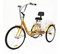 Bicicletta a tre ruote da 24" a 6 marce, per adulti, per anziani, 3 ruote e cestino (giallo con luce)