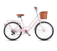 Bicicletta ibrida cruiser per ragazze e donne, 6 velocità, bici da pendolare, con cestino anteriore e portapacchi posteriore, freni sensibili per una guida sicura