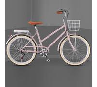 Bicicletta ibrida Cruiser per ragazze e donne, 6 velocità, con cestino anteriore e portapacchi posteriore, freni sensibili per una guida sicura