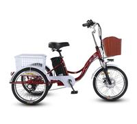 Biciclette A 3 Ruote per Adulti, Triciclo da 20" A 7 velocità per Anziani, Bicicletta Cruiser con 2 Cestini, Bicicletta per La Spesa Adatta Sia A Uomini Che A Donne, Autonomia 35-45 km Red