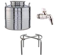 Bidone Fusto Inox per Olio 15/30/50 Litri con Rubinetto e Supporto Portafusto