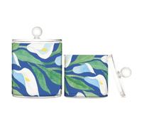 Bidoni in plastica trasparente blu e bianchi a forma di calla con coperchio, accessori essenziali per il bagno, contenitore decorativo per tamponi di cotone, confezione da 2