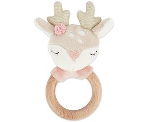 Bieco Sonaglio ad anello per neonati | Cervo Ø 10 cm | Lunghezza 17 cm | Sonaglio giocattolo con anello in legno | Giocattoli sensoriali | Giocattoli per bambini 0-6 mesi | Sonaglio in tessuto |