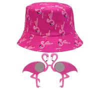 BIFHIG 1 Cappello E 1 Paio Di Occhiali Da Sole, Cappello Da Sole Con Stampa Flamingo, Cappello Da Pescatore Casual All'Aperto, Occhiali Divertenti Per Feste.