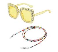 BIFHIG 1 Paio Di Occhiali Da Sole Tempestati Di Diamanti Gialli, 1 Catena Di Occhiali Di Colore, Occhiali Da Sole Quadrati Di Moda, Catena Di Occhiali Anti-Perso.