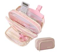 Big Capacity Pencil Case 3 Compartments Large Pencil Pouch Pen Bag Pencil Box Holder Organizer Simple Pencil Holder for School Teen Girl Boy (Pink)