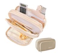 Big Capacity Pencil Case 3 Compartments Large Pencil Pouch Pen Bag Pencil Box Holder Organizer Simple Pencil Holder for School Teen Girl Boy (Beige)