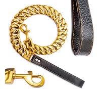 Big Chew Proof Dog Leash for Large Dogs, txprodogchains 32MM Thick Gold Chain Leash with Leather Padded Handle (Gold, 3FT)