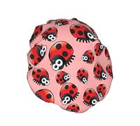 Big Eyes Ladybird Cute Pink Gorro de ducha Mujeres Impermeable Reutilizable Forro de PEVA Dobladillo elástico ajustable para todo el cabello largo Gorro de baño