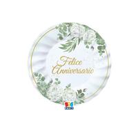 Big Party Piatti Carta Felice Anniversario Eucalipto D 20 Cm Bianco Verde