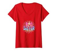 Big Sister Energy Sparkly Retro Testo, Sorelle Grandi per Ragazze Maglietta con Collo a V, Donna, Rosso, XXL