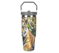 Big Tiger - Bicchiere da viaggio con cannuccia, in acciaio inox isolato, con manico, design a doppia parete, coperchio a prova di perdite, mantiene le bevande calde/fredde per ore