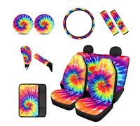 BIGCARJOB Confezione da 12 accessori per auto tie dye per donne, include coprisedili per auto stampati tie dye, protezione per sedili posteriori per animali domestici, coprivolante, copertura per